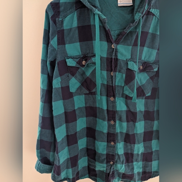 Columbia Plaid Button Down Cotton Hooded Shirt Teal Navy Blue Size S - Picture 7 of 7